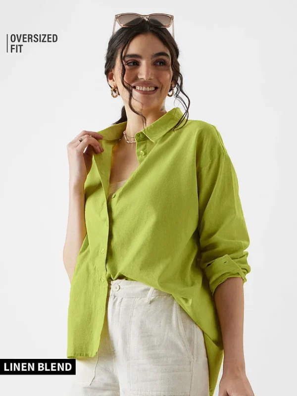 Cotton Linen: Canary Green Women Shirts - Image 2