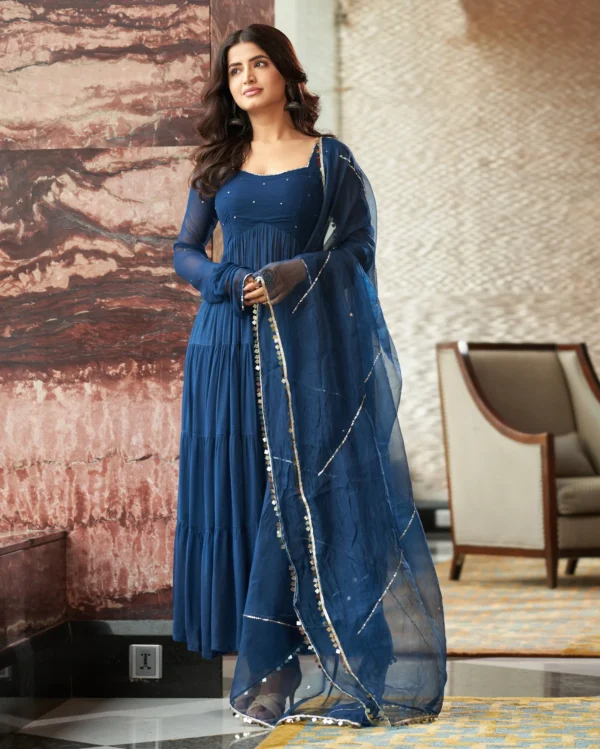 Blue Embroidered Georgette Suit Set - Image 2