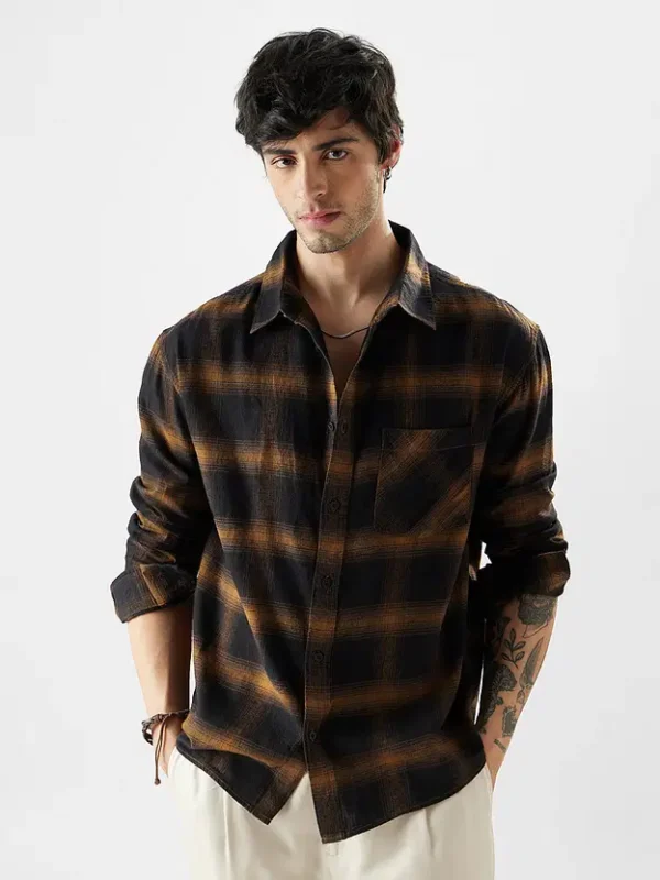 Plaid: Brown Mustard And Black Men Relaxed Shirts