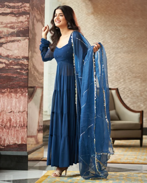 Blue Embroidered Georgette Suit Set - Image 3