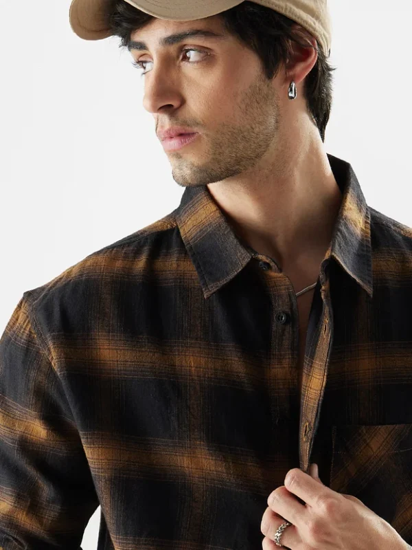 Plaid: Brown Mustard And Black Men Relaxed Shirts - Image 3