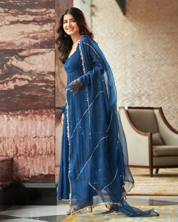 Blue Embroidered Georgette Suit Set - Image 4