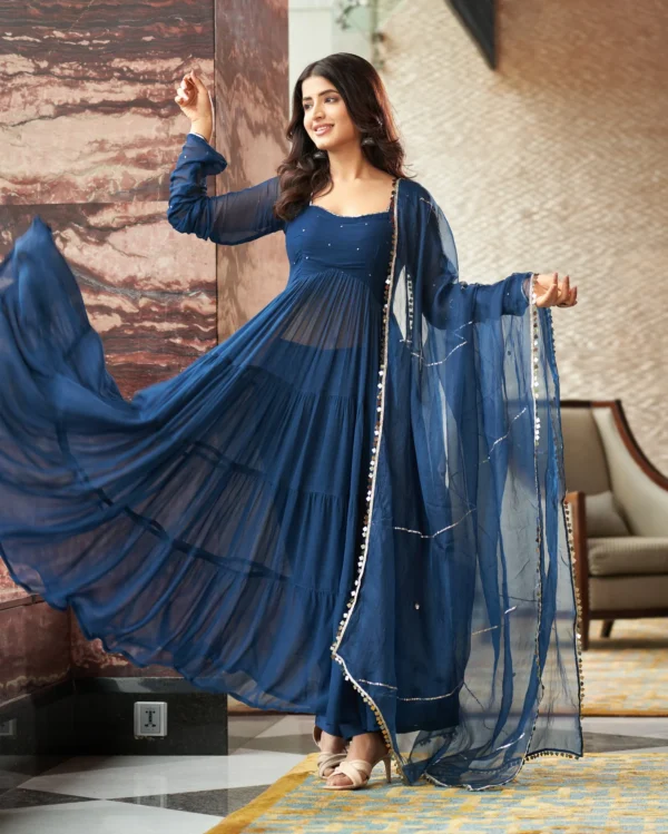 Blue Embroidered Georgette Suit Set - Image 5