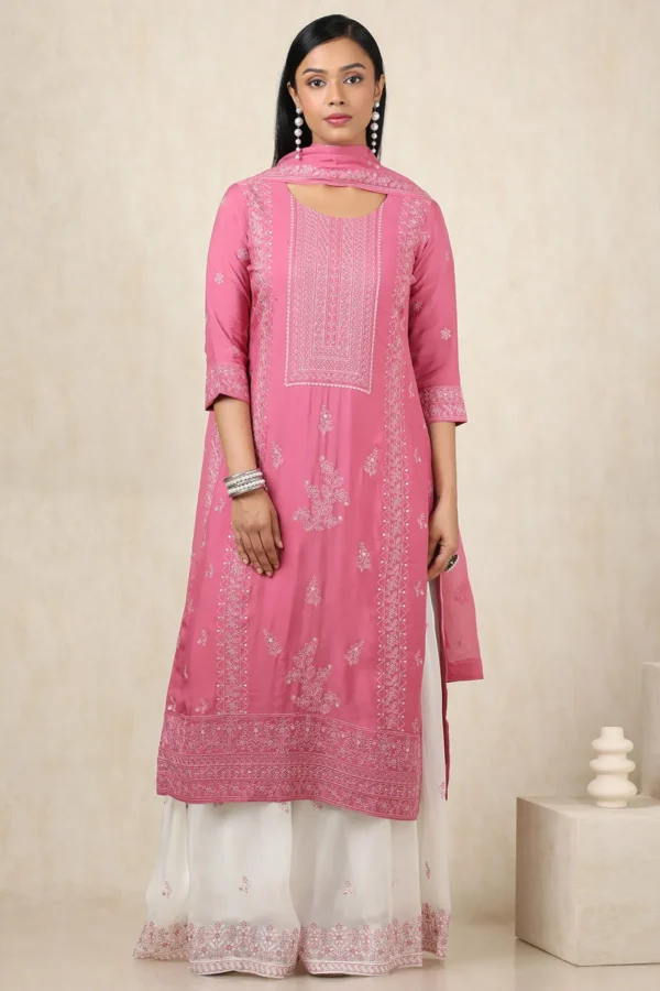 Women Pink Organza Sequined Embroidered Suit Set With Dupatta