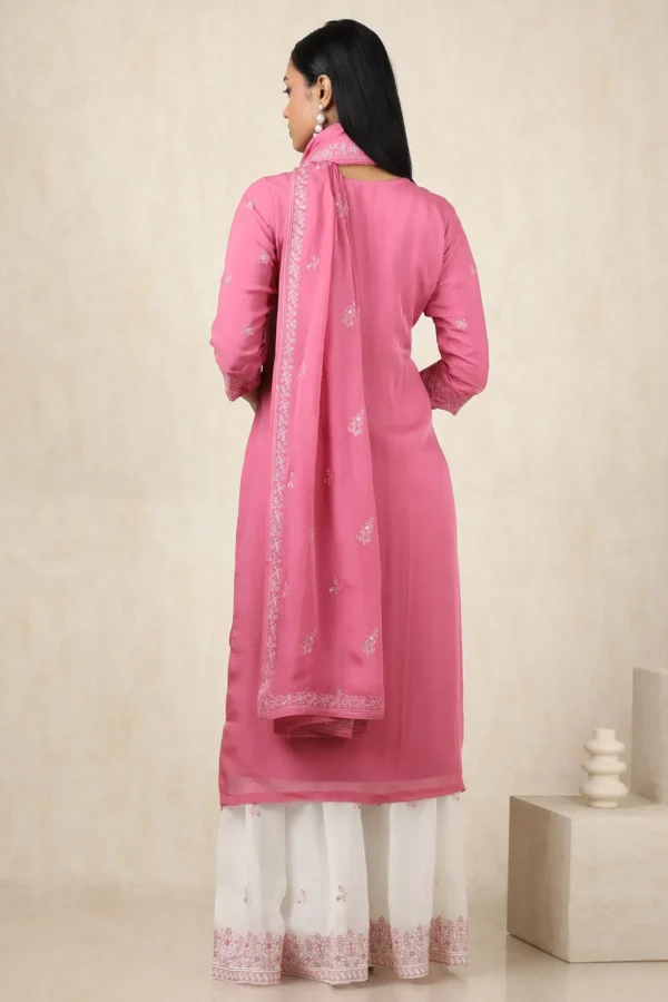 Women Pink Organza Sequined Embroidered Suit Set With Dupatta - Image 4