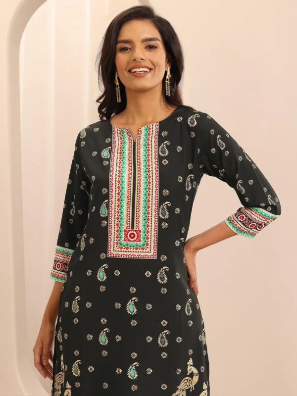 Women Black Printed Poly Crepe Straight Kurta Set - Image 2