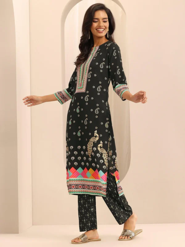 Women Black Printed Poly Crepe Straight Kurta Set - Image 6