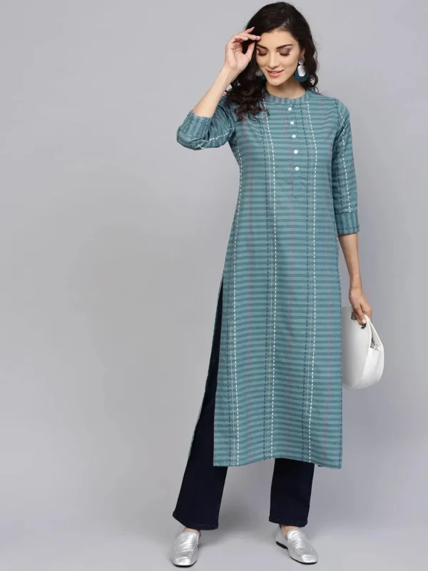 Women Grey Striped Cotton Kurta