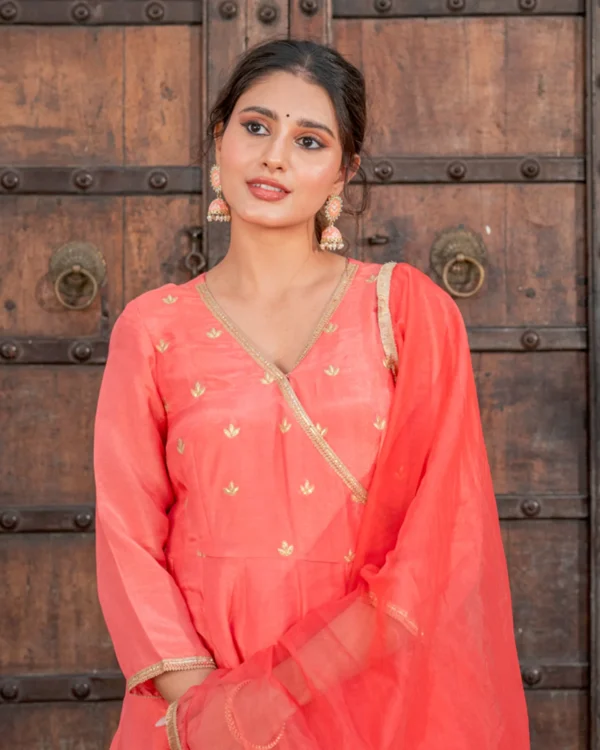 Women Salmon Angrakha Solid Suit Set - Image 3