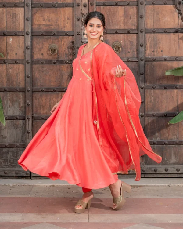 Women Salmon Angrakha Solid Suit Set - Image 6