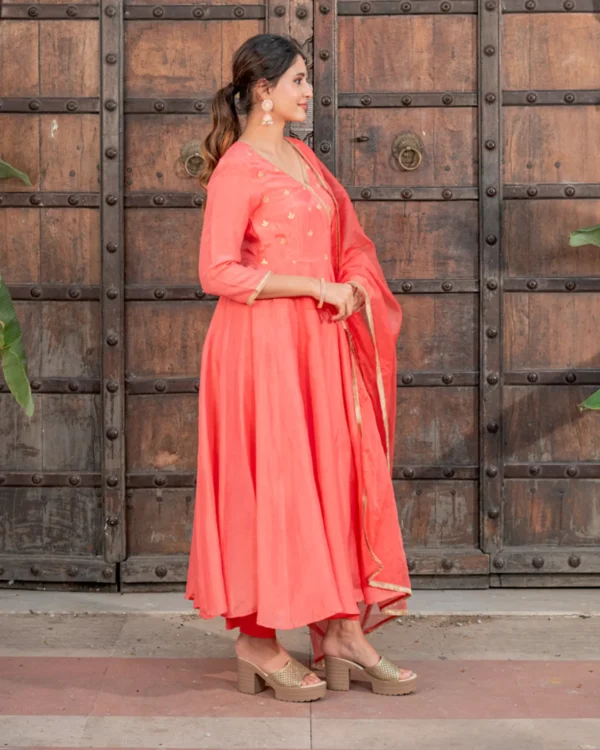 Women Salmon Angrakha Solid Suit Set - Image 5