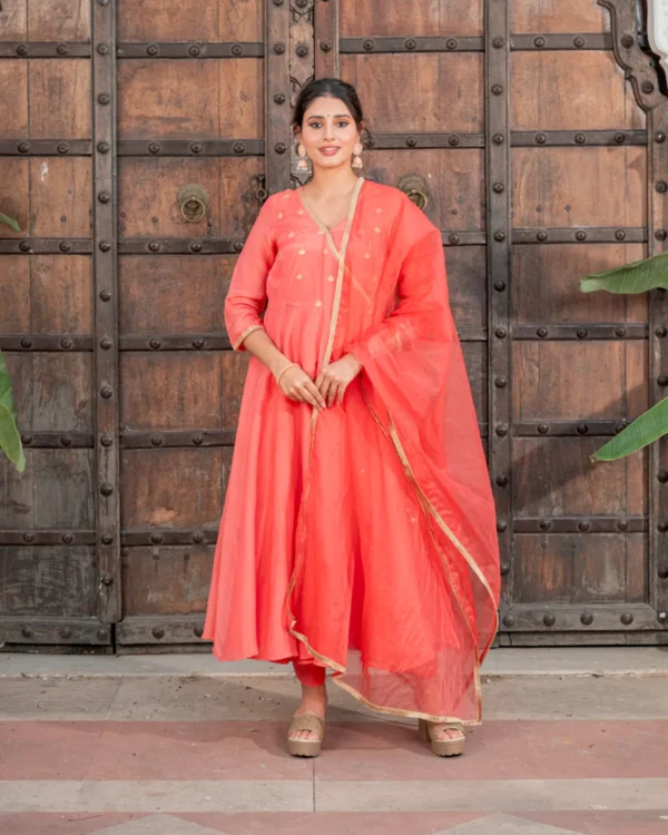 Women Salmon Angrakha Solid Suit Set