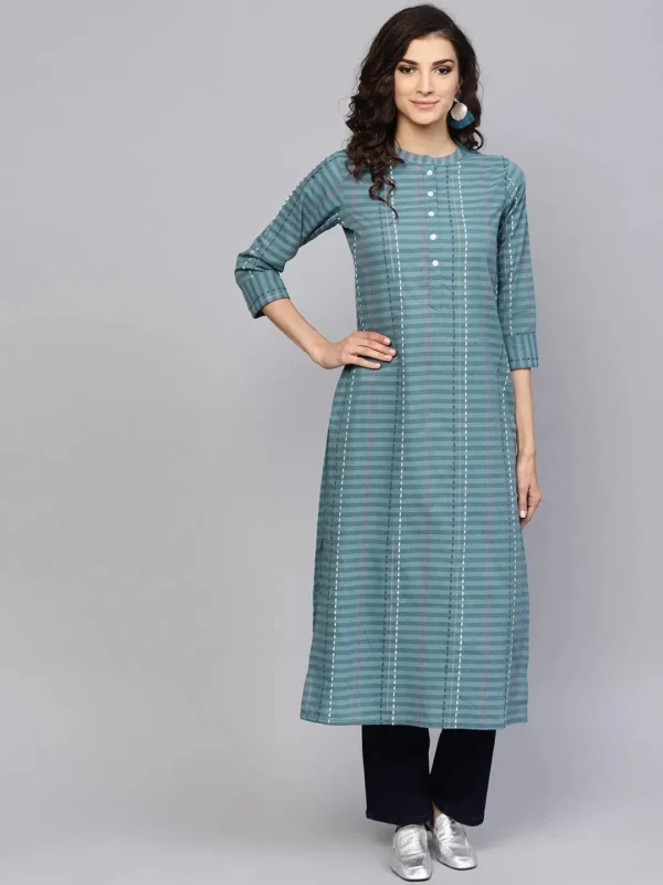 Women Grey Striped Cotton Kurta - Image 4