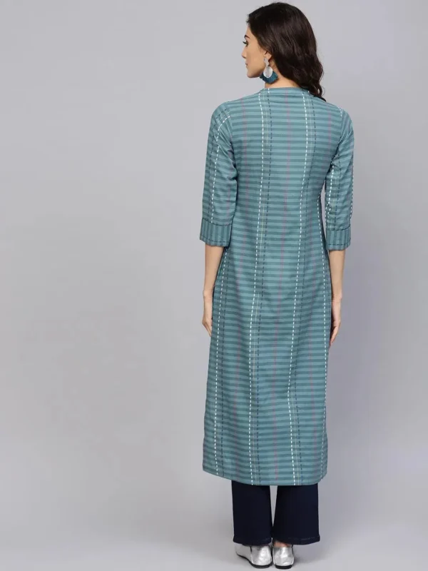 Women Grey Striped Cotton Kurta - Image 3