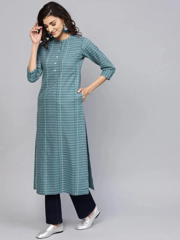 Women Grey Striped Cotton Kurta - Image 2