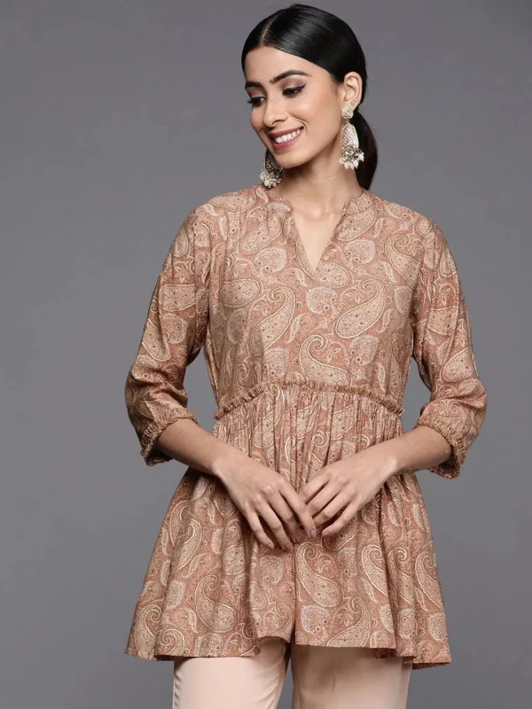 Women Mauve Printed Silk Blend A-Line Kurti